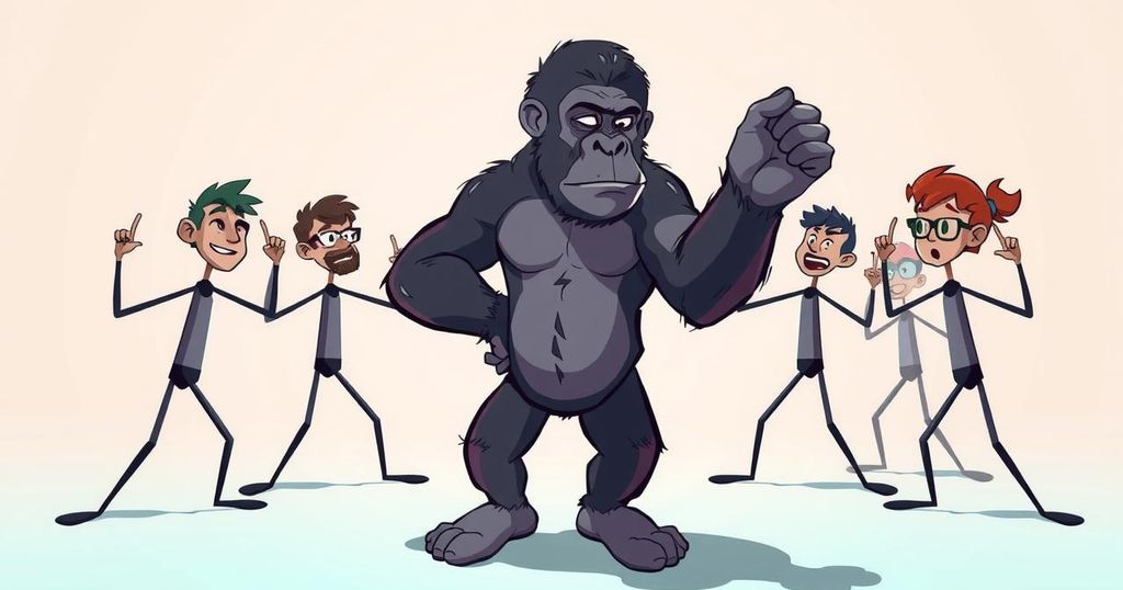A humorous depiction of a gorilla with 100 stick figures around it in a playful, cartoonish style.