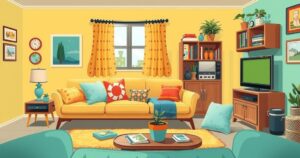 A quirky living room set with a couch, accentuated by vibrant colours and whimsical decor, representing sitcom dynamics.