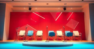 A humorous conference scene with a panel on crypto investments, featuring chairs and microphones but no people.