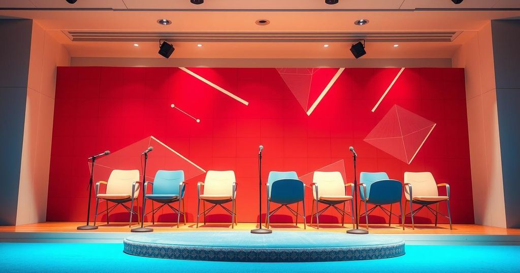 A humorous conference scene with a panel on crypto investments, featuring chairs and microphones but no people.