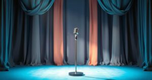 A vibrant stage setup with a microphone and spotlight, symbolising comedy and seriousness at an event.