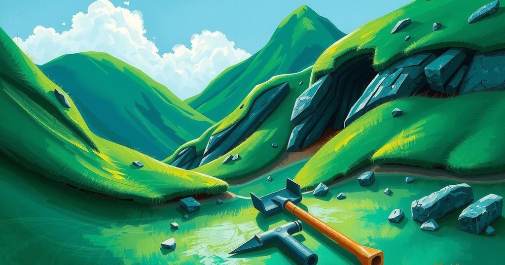 A serene emerald mine scene with vibrant green hills and a clear sky, showcasing tools for digging in the earth.