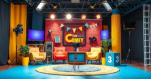 A scene capturing a vibrant comedy atmosphere with film set decorations and colourful lights, depicting a fun interview.