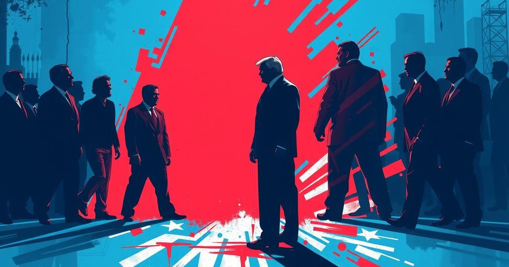 Ambiance politique américaine contrastée avec des drapeaux et des silhouettes symboliques représentant les partis.