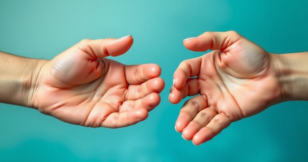 Deux mains ouvertes symbolisant l'écoute et le dialogue constructif en politique, sur fond apaisant de bleu et vert.
