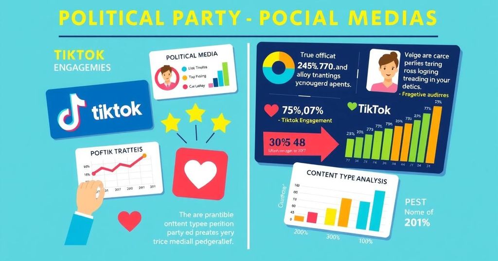 Analyse des stratégies des partis politiques sur TikTok durant les élections, montrant des graphiques colorés et des tendances visuelles.