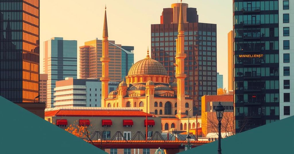 Un paysage urbain de Minneapolis, avec une mosquée, des bâtiments modernes et l'appel à la prière, évoquant la diversité.