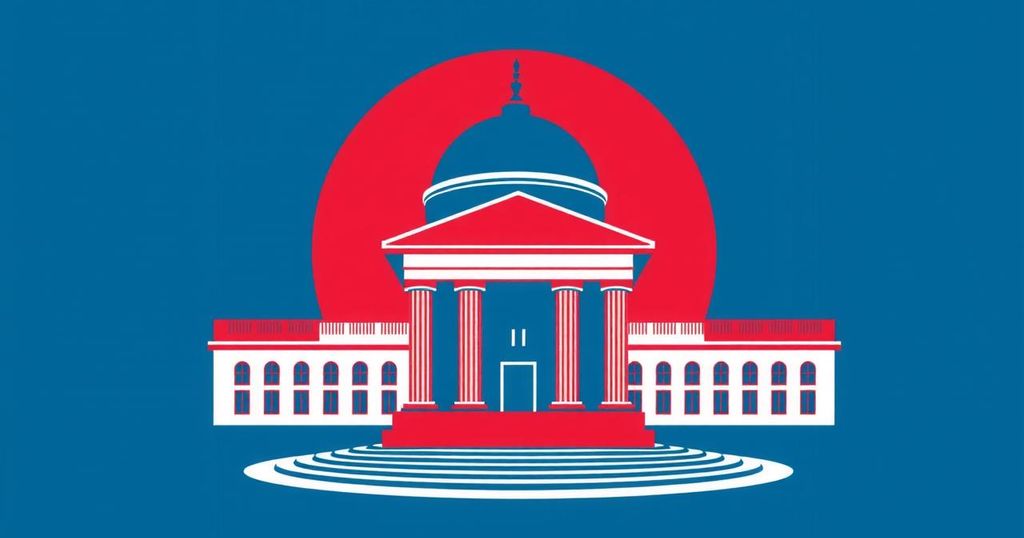 Illustration symbolizing political governance and bureaucracy with red and blue colors, reflecting a conservative agenda.