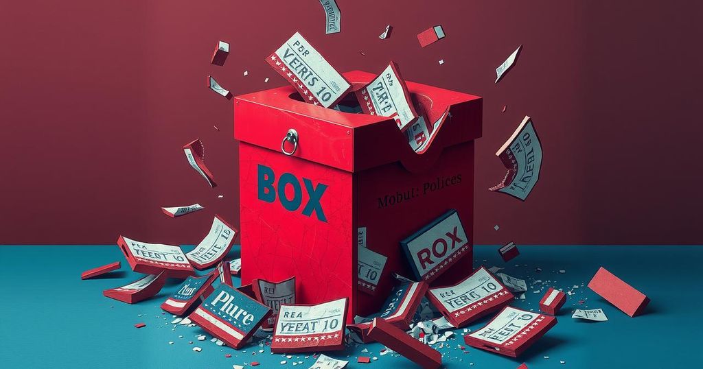 Illustration of shattered assumptions in politics with a backdrop of a ballot box and fragmented symbols of democracy.