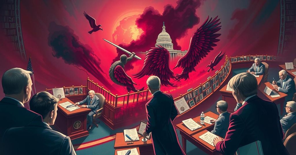 Assemblée du Congrès avec des éléments de tension politique et des couleurs vives, symbolisant les divisions américaines.