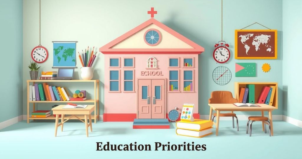 Une illustration symbolisant les priorités éducatives avec des éléments comme une école et des signes de choix scolaires.