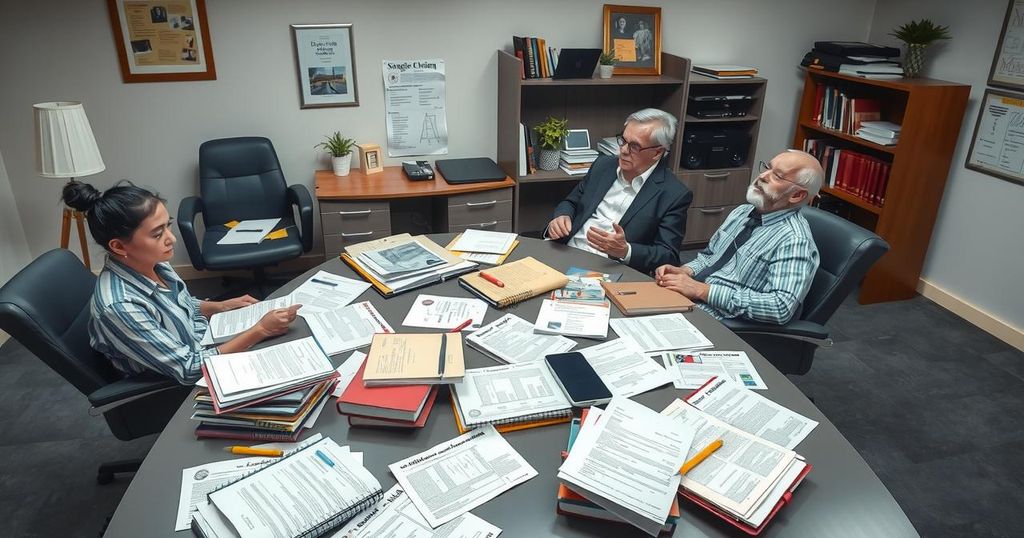 Scène de réunion avec des bureaux et des documents en désordre représentant un contexte éducatif chargé.
