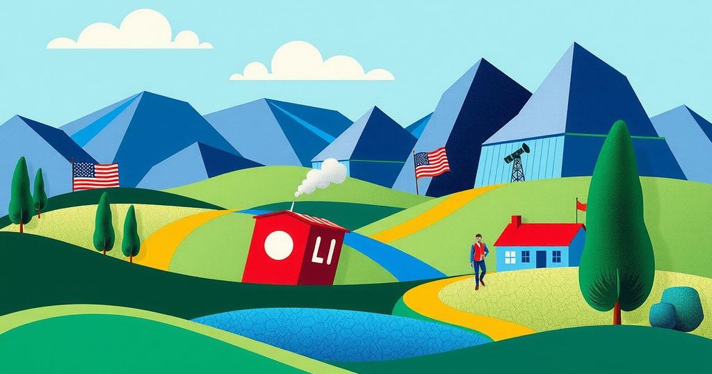Un paysage stylisé illustrant la politique avec un arrière-plan coloré représentant divers enjeux sociaux.