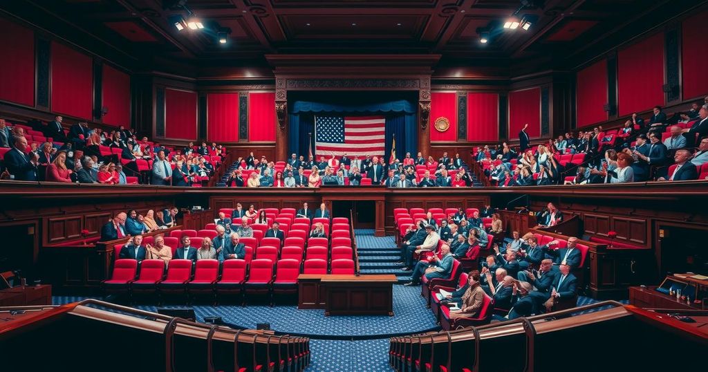 Bitter political divide in America illustrated by empty seats and contrasting colors in a congressional setting.