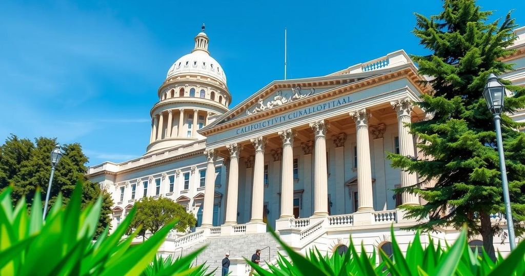 Scène du Capitole de Californie avec des bâtiments gouvernementaux et des colonnes majestueuses, ciel bleu clair.