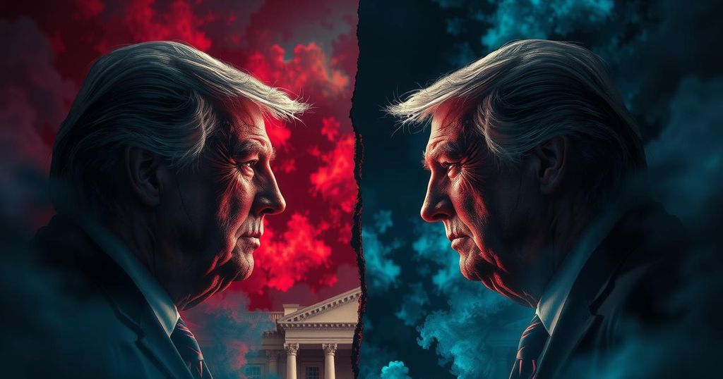 Une scène politique dynamique illustrant le fossé entre partis aux États-Unis, avec des couleurs sombres et intenses.
