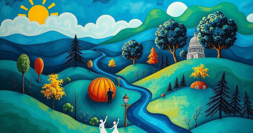 Un paysage vibrant illustrant la diversité politique et culturelle du Minnesota dans des tons de bleu et vert.