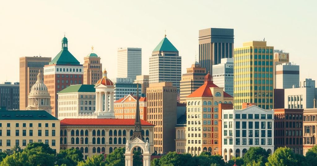 Un paysage urbain avec des bâtiments symbolisant la diversité et la politique à Minneapolis, en tons neutres et vibrants.