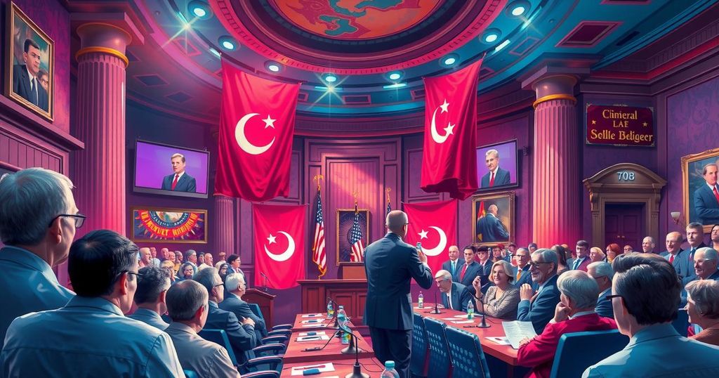 Audience engaging with a political discussion in a vibrant hearing room with flags and banners in the background.
