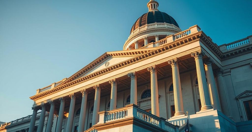 Capitol building in California, representing legislative discussions and political challenges, with blue and gold colors.