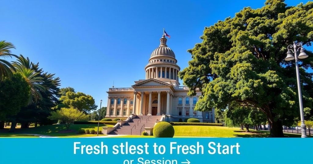 California Capitol with vibrant blue skies, showcasing legislative buildings surrounded by green trees representing democracy