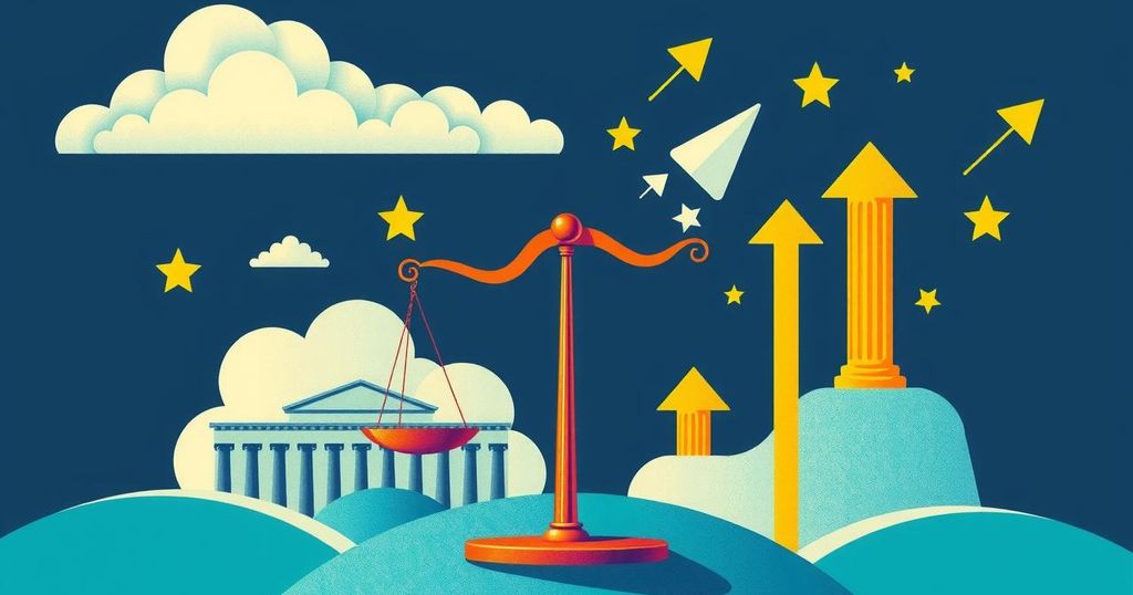 Illustration of a complex political landscape with contrasting symbols and shadows representing shifting ideologies in governance.