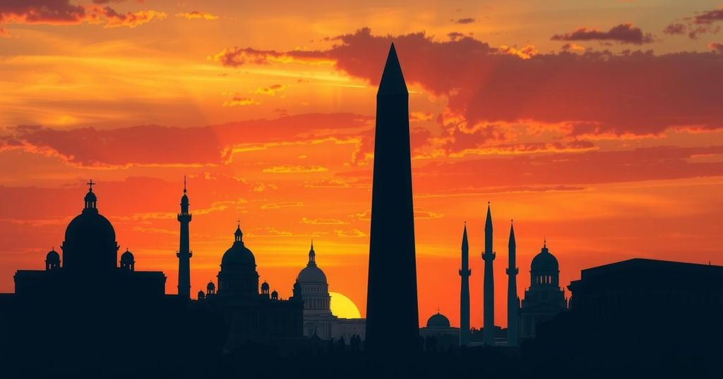 Représentation symbolique de la diversité politique avec des silhouettes de monuments en couleur au coucher de soleil.